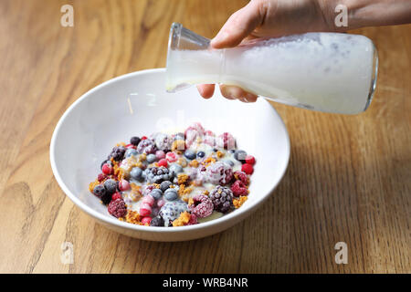 Gefrorene Früchte mit Müsli und Joghurt, gesunde Früchte Frühstück. Stockfoto