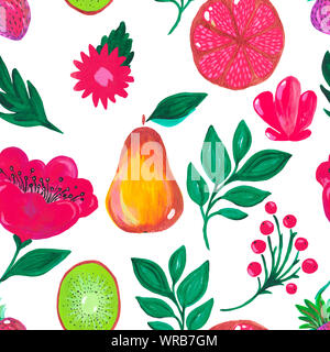 Nahtlose Muster. Abbildung: handgemalt Acryl- und Gouachefarben. Exotische Früchte kiwi Grapefruit Erdbeere Birne auf weißem Hintergrund. Design für digitale p Stockfoto