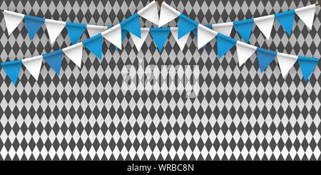 Weiße und blaue Flaggen auf dem Hintergrund eines Diamanten. Oktoberfest. Stock Vektor