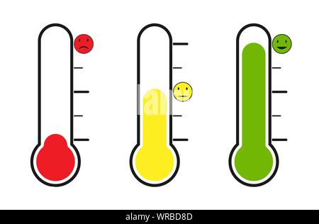Satz von Thermometer mit unterschiedlicher Temperatur. Gefühle, Stimmung oder Abstimmung. Flache Bauform. Stock Vektor