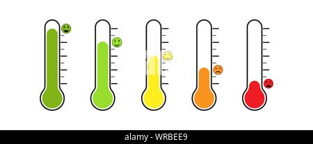 Satz von Thermometer mit unterschiedlicher Temperatur. Gefühle, Stimmung oder Abstimmung. Flache Bauform. Stock Vektor