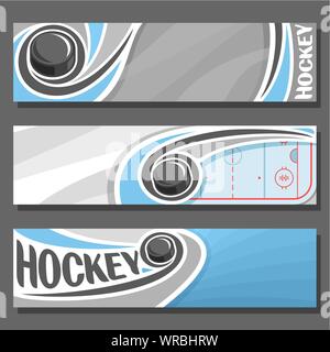 Vektor horizontale Banner für Eishockey: 3 cartoon Abdeckungen für Text auf Hockey Thema, Sport Eisbahn mit Schiebetüren auf Flugbahn Puck auf Grau backgroun Stock Vektor