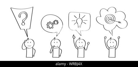 Phasen der Implementierung, Inbetriebnahme und Störungssuche. Cartoon Charakter. Flache Bauform. Stock Vektor