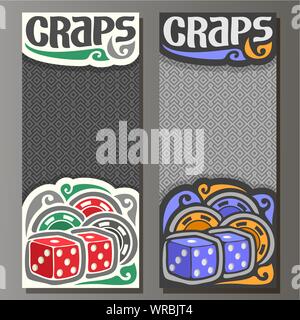 Vektor vertikale Banner für Craps spielen, 2 rote Würfel und Haufen von bunten geometrischen Casino Chips auf grauem Hintergrund. Stock Vektor