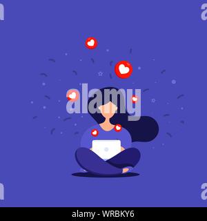 Soziale Netzwerke. Junge Frau sitzt an ihrem Laptop und Chatten mit Menschen und emoji im Hintergrund. Dating-App und virtuelle Beziehung. Stock Vektor