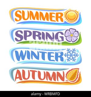 Vektor horizontale Banner für vier Jahreszeiten: Frühling - Lavendel Blume Sharon, Sommer - heiße Sonne, Herbst, Blatt, Winter - Frost Schneeflocke, isol Stock Vektor