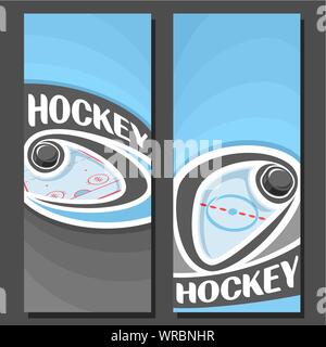 Vektor vertikale Banner für Eishockey: 2 Layouts für Titel auf Hockey Thema, Puck fliegen auf Kurvenbahn oben Eisbahn auf blauem Hintergrund. Stock Vektor