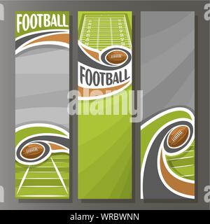 Vektor vertikale Banner für American Football: 3 Vorlagen für Text auf Fußball-Thema, Feld mit fliegenden ovalen Ball auf grauem Hintergrund. Stock Vektor