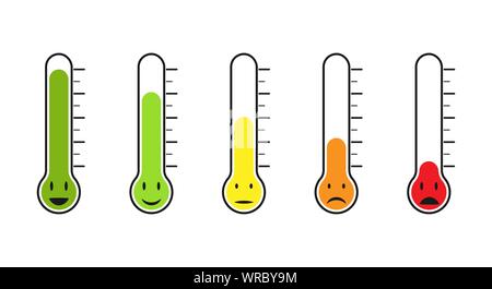 Satz von Thermometer mit unterschiedlicher Temperatur. Gefühle, Stimmung oder Abstimmung. Flache Bauform. Stock Vektor