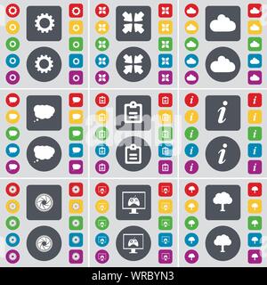 Zahnrad, Bereitstellung von Bildschirm, Cloud, Chat Cloud, Umfrage, Informationen, Symbol. Eine große Auswahl an flache, farbige Schaltflächen für Ihre Konstruktion. Vektor Stock Vektor