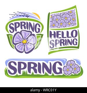 Vektor logo für Frühling Blumen: Icon für lila Hibiskus, Schwarm Vögel bei Sonnenaufgang, Fahne mit Lavendel floral background von Sharon Blume, Titel hallo Stock Vektor