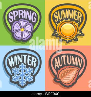 Vektor logo für vier Jahreszeiten: Frühling - Blume, Grün, Sommer - heiße Sonne auf Gelb, Herbst - Herbst Blatt auf Rot, Winter - Kälte Schneeflocke auf Blau. Stock Vektor