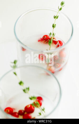 Weihnachten und Thanksgiving vegan alkoholfreien Cocktail white coconut Margarita oder Durchschlag mit Preiselbeeren und Thymian close-up auf weißem Hintergrund Stockfoto