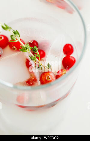 Weihnachten und Thanksgiving alkoholfreien Cocktail white coconut Margarita oder Durchschlag mit Preiselbeeren und Thymian close-up auf weißem Hintergrund der Ansicht von oben Stockfoto