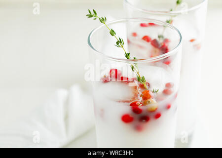 Weihnachten und Thanksgiving vegan alkoholfreien Cocktail white coconut Margarita oder Durchschlag mit Preiselbeeren und Zweig Thymian close-up Stockfoto