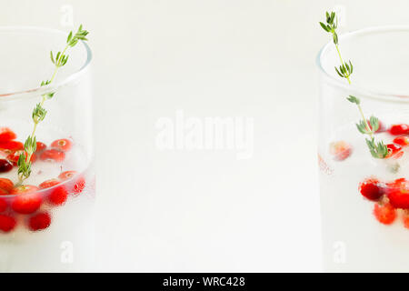 Weihnachten und Thanksgiving vegan alkoholfreien Cocktail white coconut Margarita oder Durchschlag mit Preiselbeeren und Zweig Thymian close-up Stockfoto