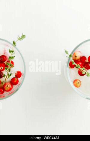 Weihnachten und Thanksgiving vegan Cocktail white coconut Margarita mit Preiselbeeren und Zweig Thymian auf weißem Hintergrund Draufsicht mit Kopie Raum Stockfoto