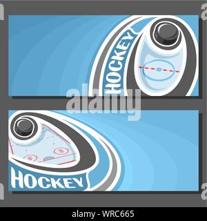 Vektor Banner für Eishockey Spiel: hockey puck auf Kurvenbahn oben Sport Eisbahn auf Blau abstrakt Hintergrund fliegen Stock Vektor