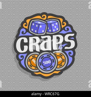 Vektor logo für Craps Spiel: 2 blaue Würfel Würfel mit Kombination 1: 1, Beschriftung - Craps, gamble Symbol mit Curly Dekoration auf Grau geometrische Ba Stock Vektor