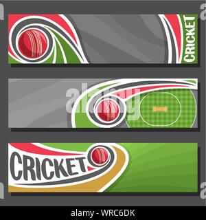 Vektor Banner für Cricket Spiel: 3 cartoon Layouts für Text auf Cricket Theme, rote Kugel fliegen auf Kurvenbahn auf karierten Feld mit Pitch zu gre Stock Vektor