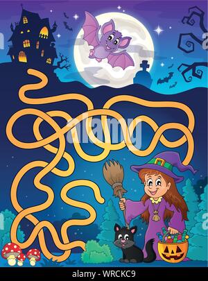 Labyrinth 7 mit niedlichen Hexe und Katze Stock Vektor