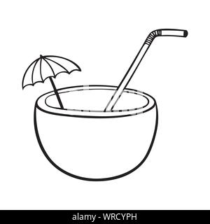 Schwarze und weiße Kokosnuss vektor Icon mit Stroh und Dach Stock Vektor