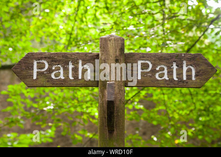 Einen hölzernen Fußweg Zeichen in einem Waldgebiet gibt es zwei Möglichkeiten. Stockfoto