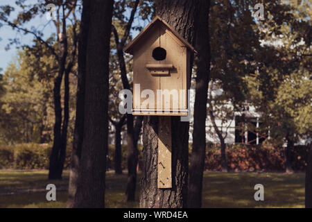 Cute leer Holz Vogelhaus im Park. Handgefertigte Haus für die Vögel in den Bäumen. Ein Spatz. Stockfoto