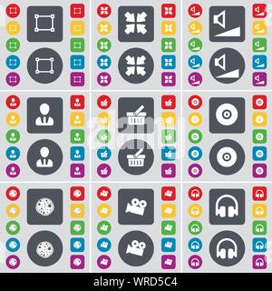 Rahmen, Bereitstellung von Bildschirm, Lautstärke, Avatar, Korb, Festplatte, Pizza, Kamera, Kopfhörer Symbol. Eine große Auswahl an flache, farbige Schaltflächen für Ihre Konstruktion. Vektor Stock Vektor