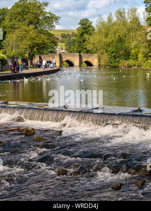 Wehr und Bakewell Brücke, eine gewölbte Steinbrücke über den Fluss Wye in Bakewell, Derbyshire Dales district Derbyshire, Großbritannien. Stockfoto