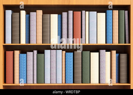 Bücherregal mit zwei Einlegeböden voller Hardcover-Bücher mit leeren Rücken Stockfoto