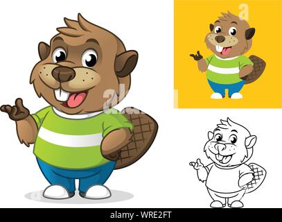 Biber verwechselt Geste Zeichentrickfigur Maskottchen Abbildung, einschließlich Flachbild und Line Art Designs, Vector Illustration, die in isolierten Weiß. Stock Vektor