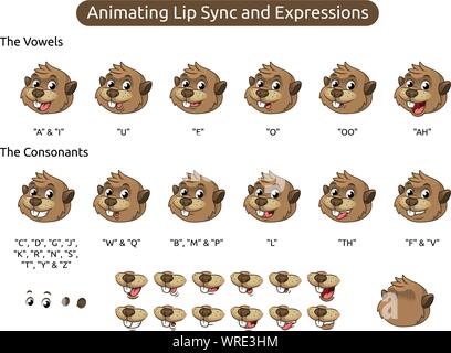 Biber Zeichentrickfigur Maskottchen Abbildung für die Animation von Lip Sync und Ausdrücke, Vector Illustration, die in isolierten weißen Hintergrund. Stock Vektor