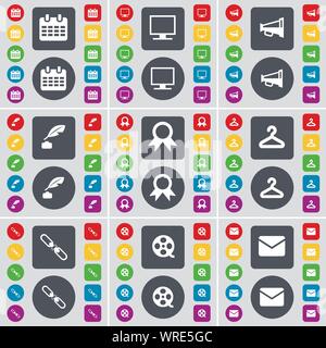 Kalender, Monitor, Megaphon, Ink pot, Medaille, Aufhängevorrichtung, Link, Video, Message Symbol. Eine große Auswahl an flache, farbige Schaltflächen für Ihre Konstruktion. Vektor Stock Vektor