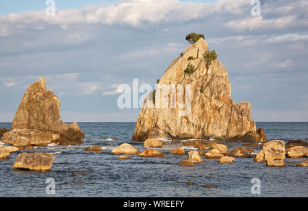 Hashigui-iwa (Brückenpfeiler Felsen) - die Serie von Felsen in Richtung Oshima Island in der Nähe von Kushimoto im Licht der untergehenden Sonne. Präfektur Wakayama. Honshu Stockfoto