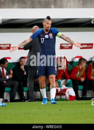 BUDAPEST, Ungarn - 9. SEPTEMBER: Marek Hamsik der Slowakei reagiert während der UEFA Euro 2020 Gruppe E-qualifikationsspiel zwischen Ungarn und der Slowakei an Groupama Arena am 9. September 2019 in Budapest, Ungarn. Stockfoto