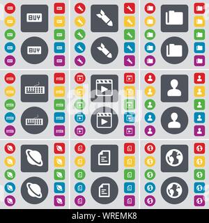 Kaufen, Rakete, Ordner, Tastatur, Media Player, Avatar, Planet, Textdatei, Erde Symbol. Eine große Auswahl an flache, farbige Schaltflächen für Ihre Konstruktion. Vektor Stock Vektor