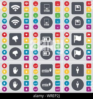 Wlan, PC, Floppy, Abneigung, Batterie, Flagge, Hand, Tastatur, Silhouette Symbol. Eine große Auswahl an flache, farbige Schaltflächen für Ihre Konstruktion. Vektor Stock Vektor