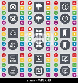 Lautsprecher, Schild, Warnung, Waagen, Bereitstellung von Bildschirm, Marker, Laptop, Media Player, Monitor Symbol. Eine große Auswahl an flache, farbige Schaltflächen für Ihre Konstruktion. Vektor Stock Vektor