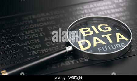 3D-Darstellung einer Lupe über viele Wörter mit Fokus auf den Text von großen Daten. Schwarzen Hintergrund. Stockfoto