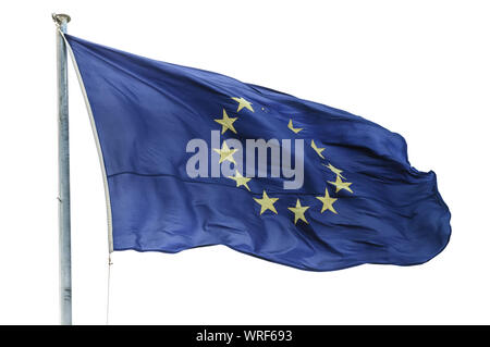 Fahne der Europäischen Union und Pol auf weißem Hintergrund Stockfoto