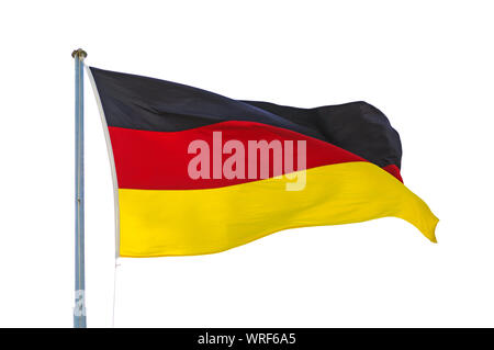 Deutsche Flagge auf der Pole flattern im Wind isoliert weißer Hintergrund Foto Stockfoto