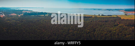 180 Grad Panorama über einem Wald an der Ostsee Stockfoto