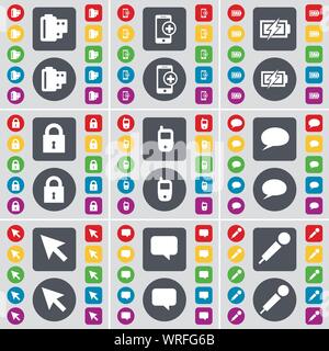 Negative Filme, Smartphones, Laden, Sperren, Mobiltelefon, Sprechblase, Cursor, Sprechblase, Mikrofon Symbol. Eine große Auswahl an flache, farbige Schaltflächen für Ihre Konstruktion. Vektor Stock Vektor