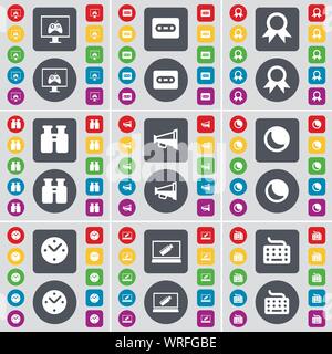 Monitor, Kassette, Medaille, Fernglas, Megaphon, Mond, Uhr, Laptop, Tastatur auf das Symbol. Eine große Auswahl an flache, farbige Schaltflächen für Ihre Konstruktion. Vektor Stock Vektor