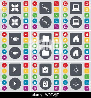 Bereitstellen von Bildschirm, Link, Laptop, Buchse, Ordner, Haus, spielen Medien, Umfrage, Kompass Symbol. Eine große Auswahl an flache, farbige Schaltflächen für Ihre Konstruktion. Vektor Stock Vektor
