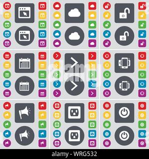 Fenster, Cloud, Schloss, Kalender, Pfeil rechts, Smartphone, Megaphon, Buchse, Symbol Symbol. Eine große Auswahl an flache, farbige Schaltflächen für Ihre Konstruktion. Vektor Stock Vektor