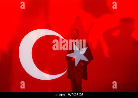 Türkische Flagge und Atatürk, Double Exposure Stockfoto