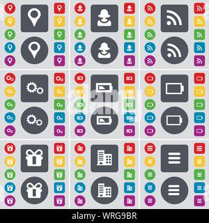 Checkpoint, Avatar, RSS, Getriebe, Batterie, Geschenk, Gebäude, Apps Symbol. Eine große Auswahl an flache, farbige Schaltflächen für Ihre Konstruktion. Vektor Stock Vektor