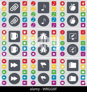 Clip, Hinweis, Apple, Schale, Bug, Montor, Zurückspulen, Flagge, Ordner Symbol. Eine große Auswahl an flache, farbige Schaltflächen für Ihre Konstruktion. Vektor Stock Vektor
